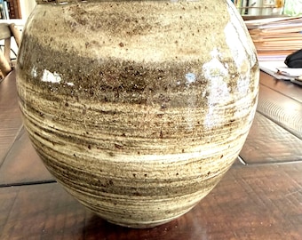 Handmade ceramic vase, swirling green and gray glaze pattern, Wabi Sabi inspired