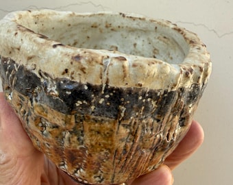 Hand Carved Ceramic Succulent Planter, Japanese Kirinuki Style, Wabi Sabi Glaze