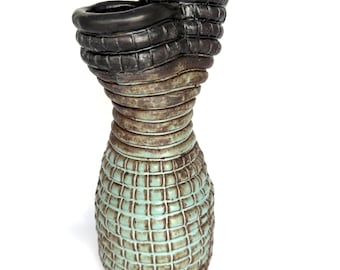Whimsical coiled green and black ceramic stoneware vase, boho eclectic decor