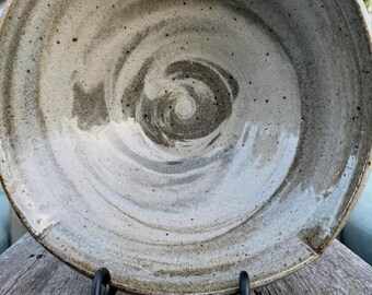 Handmade Swirling Gray Green Glaze Stoneware Bowl, Wabi Sabi Altered Rim