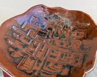 Handmade Ceramic Serving Bowl, Carved Geometric Stoneware, Shino Tenmoku Glaze