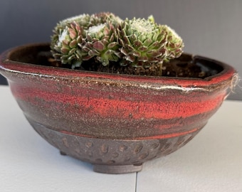 Handmade Ceramic Planter, Deformed Rim, Carved Exterior, Wabi Sabi Style