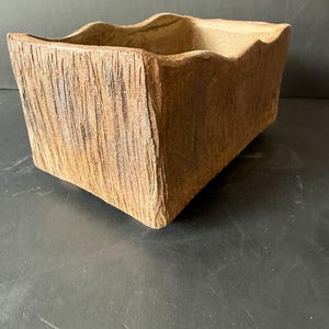 Pu&ograve; includere: Un vaso rettangolare in ceramica con un esterno marrone ruvido e testurizzato che imita l'aspetto della corteccia d'albero. Il contenitore presenta un bordo superiore ondulato e irregolare e un interno cavo, con una finitura naturale e terrosa.