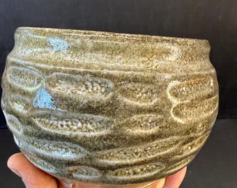 Small handmade ceramic succulent/cacti planter, carved, shino glaze, mottled green, wabi sabi