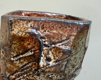 Small handmade ceramic succulent/cacti planter, kurinuki style, carved, textured, shino glaze, wabi sabi