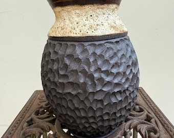 Handmade Black Stoneware Vase, White Lava Glaze, Carved Ceramic
