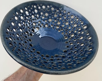 Handcrafted ceramic fruit bowl, celadon blue glaze, contemporary decor