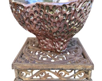 Large Handcrafted Stoneware Bowl: Cratered Texture, Reddish-Brown Glaze