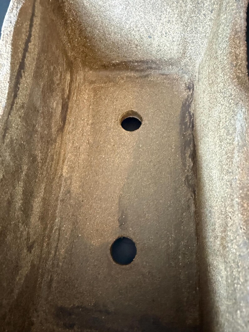 Pu&ograve; includere: Un vaso rettangolare con una superficie ruvida e maculata nei toni del beige e del marrone. La base interna presenta due fori di drenaggio circolari centrati lungo la lunghezza del contenitore, con una tonalit&agrave; terrosa uniforme.