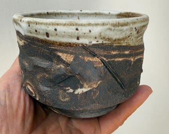 Handmade Japanese Chawan Tea Bowl, Unglazed Carved Exterior, Wabi Sabi Ceramic