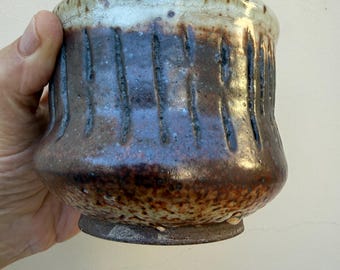 Handcrafted Ceramic Japanese Style Yunomi, With Etched Exterior and Shino Glaze