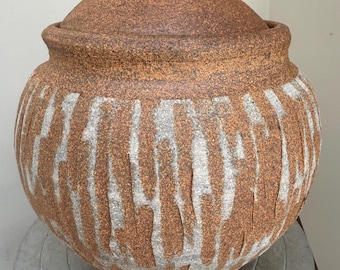 Handmade ceramic round lidded jar, food storage container, unglazed carved exterior, interior glazed