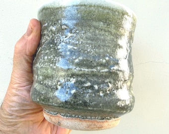 Handmade Japanese Ceramic Tea Cup, Yunomi Style, Textured Clay Slip, Shino Glaze