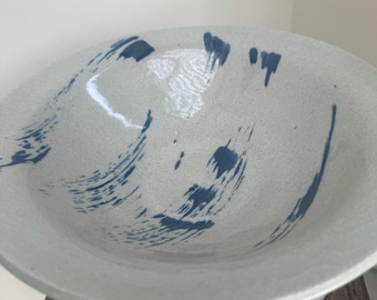 Handmade ceramic serving bowl, blue underglaze streaks, clear crackle glaze, contemporary decor