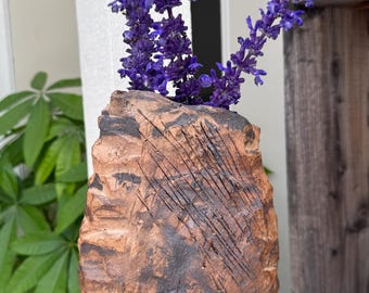 Handmade ceramic vase, carved and unglazed exterior, oxide washes, wabi sabi inspired