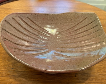 Handcrafted Oval Stoneware Platter, Rose Glaze, Carved Ceramic Serving Dish