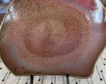 Handcrafted Asymmetrical Ceramic Platter, Copper Red Glaze, Carved Exterior