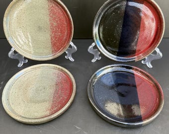 Handmade ceramic dessert plates, set of four, two complementary glaze patterns