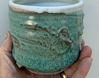 Handmade Japanese Wabi Sabi Style Teacup, Yunomi, Green and White Glaze, Textured Surface
