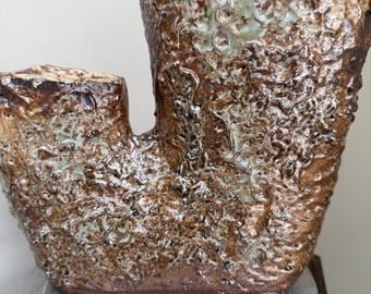 Hand sculpted ceramic vase, double opening, richly textured, multiple glazes, wabi sabi