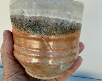 Handmade ceramic Japanese tea cup, yunomi style, shino glaze, Wabi Sabi