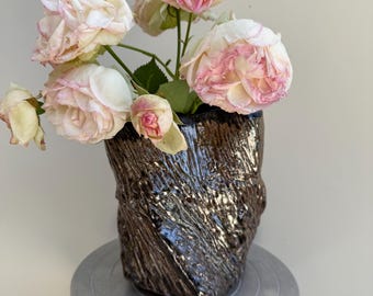 Handmade Ceramic Vase, Kurinuki Style, Twisted Shape, Textured, Shino Glaze, Wabi Sabi Inspired
