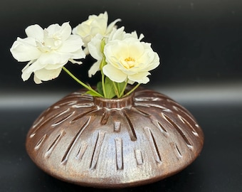 One-of-a-kind, handcrafted, oval, reddish brown, and carved ceramic vase; Wabi Sabi, Japandi, Contemporary Decor