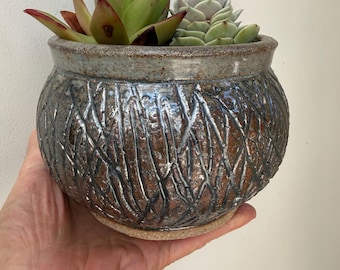 Handmade ceramic succulent planter, etched, brown green glazes, Wabi Sabi aesthetics