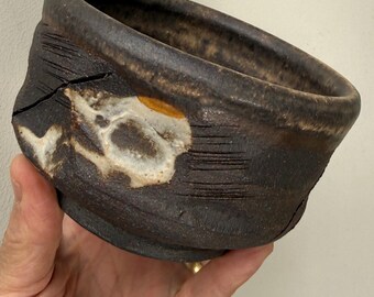 Handmade Ceramic Japanese Wabi Sabi Tea Bowl; Chawan Style; Unglazed, Carved Exterior