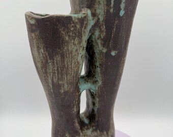 One-of-a-kind handmade black and green, double-headed stoneware vase, boho eclectic, Wabi Sabi decor