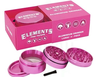 May include: A bright pink four-piece aluminum grinder by Elements Pink Papers, displayed with its matching pink box. The set includes a lid, a grinding section with teeth, a mesh screen compartment, a base, and a small black cleaning brush.
