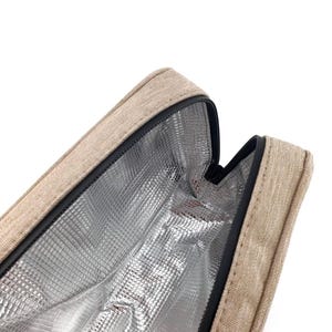 Pu&ograve; includere: Borsa termica beige con cerniera nera e interno in lamina argentata. La borsa &egrave; aperta, rivelando la fodera interna. L'esterno ha un aspetto strutturato.