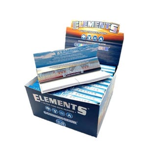 May include: A box of Elements ultra-thin rice papers. The box is dark blue with white text and graphics. The box is open, revealing stacks of the rice papers. The box also has a lid with the Elements logo and text.