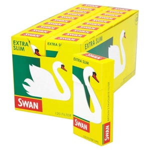 May include: A yellow box of Swan Extra Slim 120 Filter tips. The box features a white swan graphic with a red beak and the text "SWAN" in a red rectangle. The box is labeled "EXTRA SLIM".