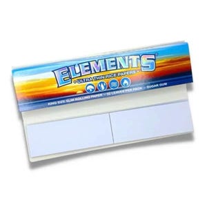 May include: A package of Elements ultra-thin rice papers. The packaging has a blue, orange, and yellow gradient design with the brand name in a stylized font. The package reads "King Size Slim Rolling Paper - 32 Leaves Per Pack".