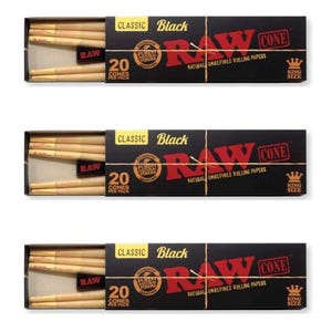 May include: Three identical black rectangular boxes of RAW Classic Black King Size cones, each containing 20 pre-rolled natural unrefined rolling paper cones. The packaging features red and gold text with the RAW logo and a crown icon.