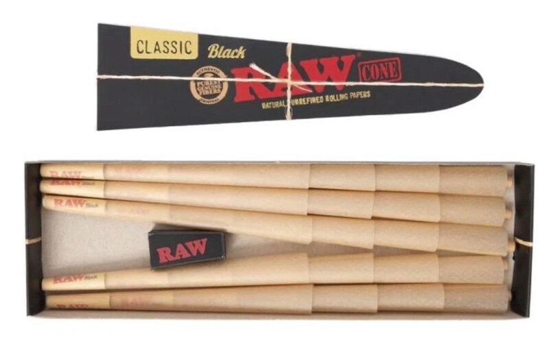 May include: A black triangular cardboard sleeve labeled CLASSIC Black RAW CONE with natural unrefined rolling papers text, positioned above a rectangular box containing several light brown paper cones and a small black box with red RAW text.