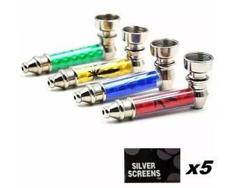 Pipa in metallo per fumare erbe e tabacco + 5 filtri, formato tascabile con design a foglia, disponibile in confezioni da 1, 3, 6 e 12 pezzi.