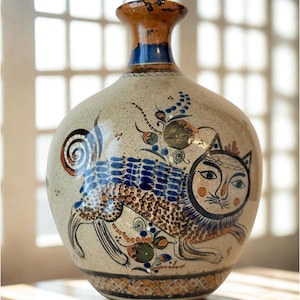 Jarrón de cerámica Tonala firmado, con diseño de pez gato Nahual, arte popular, gres pintado a mano, México.