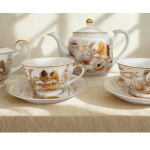 May include: A white porcelain tea set with gold detailing. The set comprises a teapot, a milk jug, two teacups, and saucers. Each item features a gold landscape design. The teapot has a gold knob on the lid.