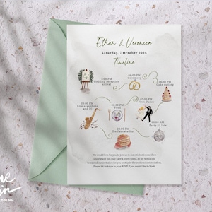 May include: A wedding invitation with a timeline, featuring watercolor illustrations of a ceremony, cake, and dancing. The invitation is on a white background with a green envelope and the text "Ethan & Veronica".