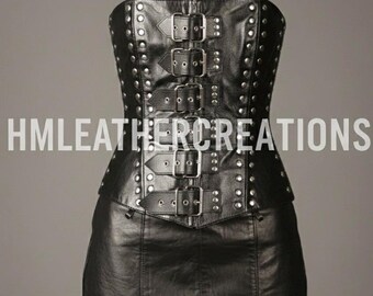 Black Leather Corset Skirt Set, Studded Gothic Two-Piece Outfit, Buckle Back