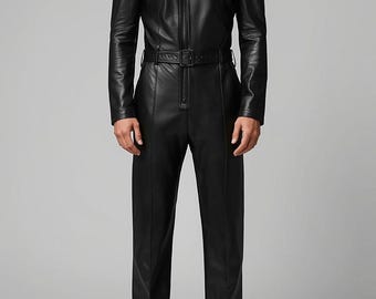 Handmade Black Leather Jumpsuit: Men's Biker Catsuit with Belt