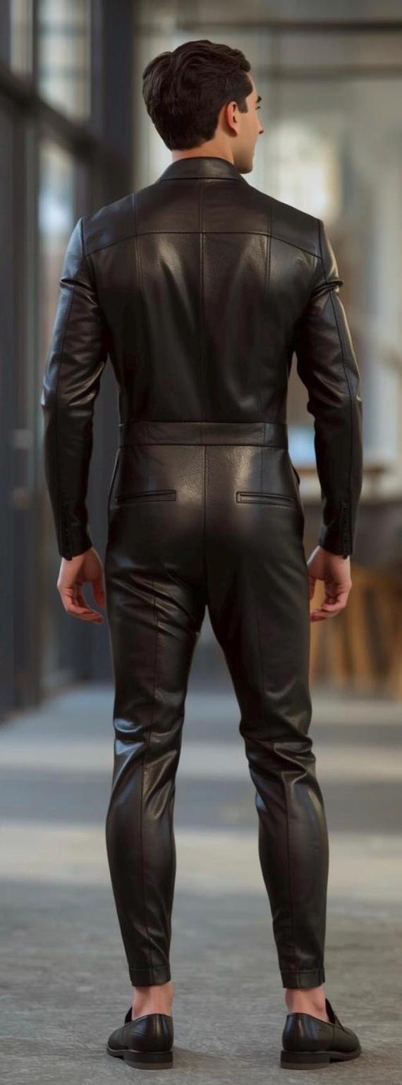 Men's Sleek Black Leather Jumpsuit - Tailored One-piece Suit for