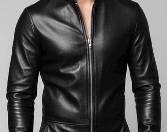 Men’s Black Genuine Leather One-Piece Jumpsuit with Front Zipper