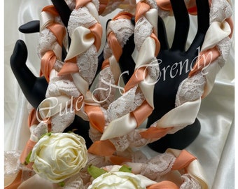 Handfasting Cord Peaches and Cream ribbon and Lace wedding ceremony unity cord