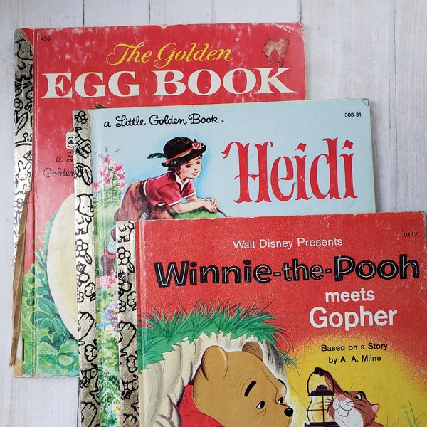 Vintage Little Golden Books - Heidi, Winnie The Pooh Meets Gopher, The Golden Egg Book, Easter book,vintage kids, 1970s, 1980s, picture book