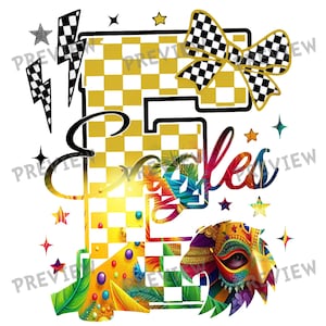 Könnte beinhalten: Ein farbenfrohes Grafikdesign mit dem Wort "Eagles" in einer stilisierten Schriftart. Der Buchstabe "E" hat ein gold-weißes Schachbrettmuster. Das Design umfasst eine Schleife, Sterne und eine dekorative Maske.