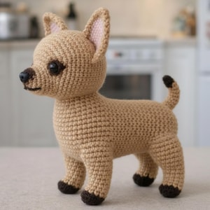 Könnte beinhalten: Ein gehäkelter Chihuahua-Hund in stehender Pose. Der Hund ist hellbraun mit dunkelbraunen Akzenten auf Nase, Augen und Pfoten. Die Ohren haben eine rosa Innenseite. Der Schwanz ist nach oben gebogen und hat eine dunkelbraune Spitze. Der Hund ist handgefertigt.