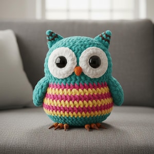 May include: A handmade crochet owl in teal, pink, and yellow. The owl has large white eyes with black pupils, an orange beak, and brown accents on its ears and feet. The owl is sitting on a gray surface.